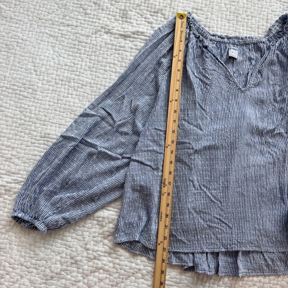 Old Navy Blue White Striped Ruffle V-Neck Balloon Sleeve Peasant Blouse XL Boho - Picture 5 of 6